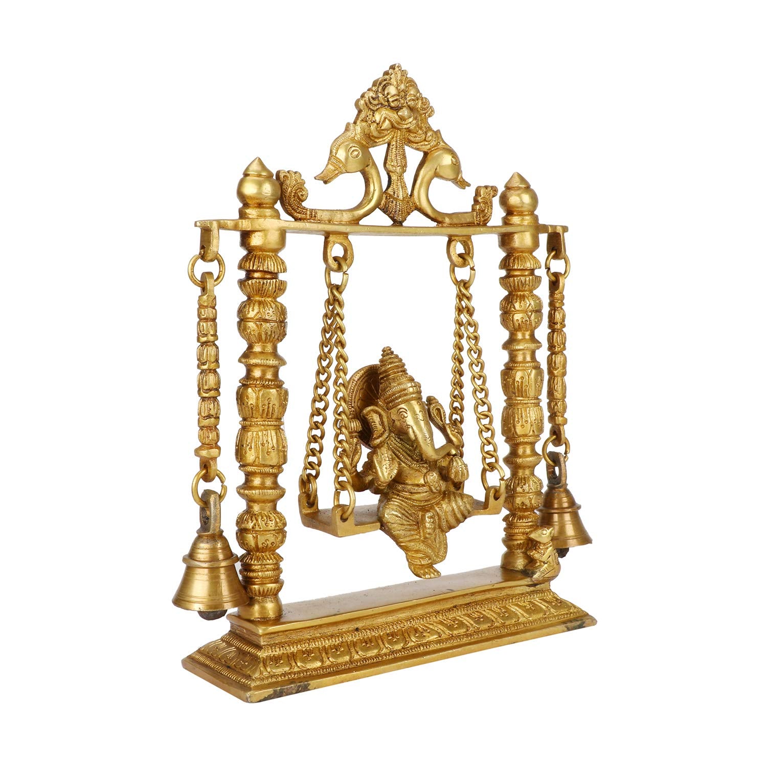 Kartique Brass Ganesh Jhula Idol on Swing - 10 Height, Antique Finish, Ideal for Home Decor, Puja, and Gifting